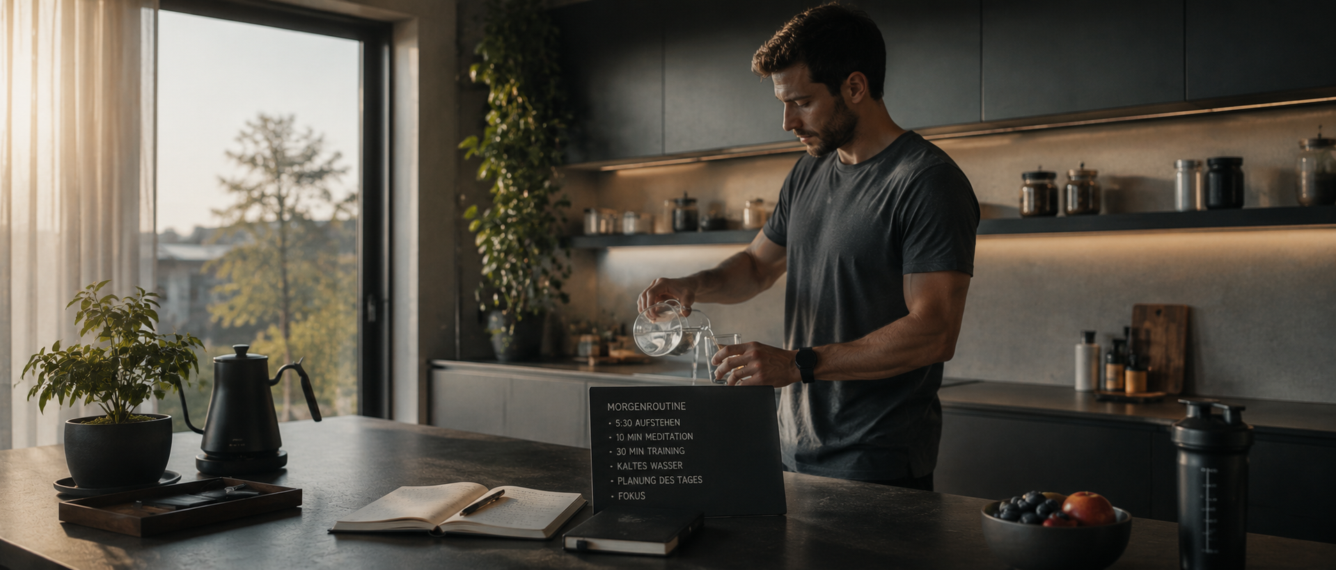 Mann steht morgens ruhig in moderner minimalistischer Küche und gießt konzentriert Wasser in ein Glas, warme natürliche Lichtstimmung und hochwertige Editorial-Atmosphäre vermitteln eine unbeobachtete Alltagsszene über Selbstoptimierung, feste Routinen, innere Ordnung und langfristige Gewohnheiten statt kurzfristiger Motivation.