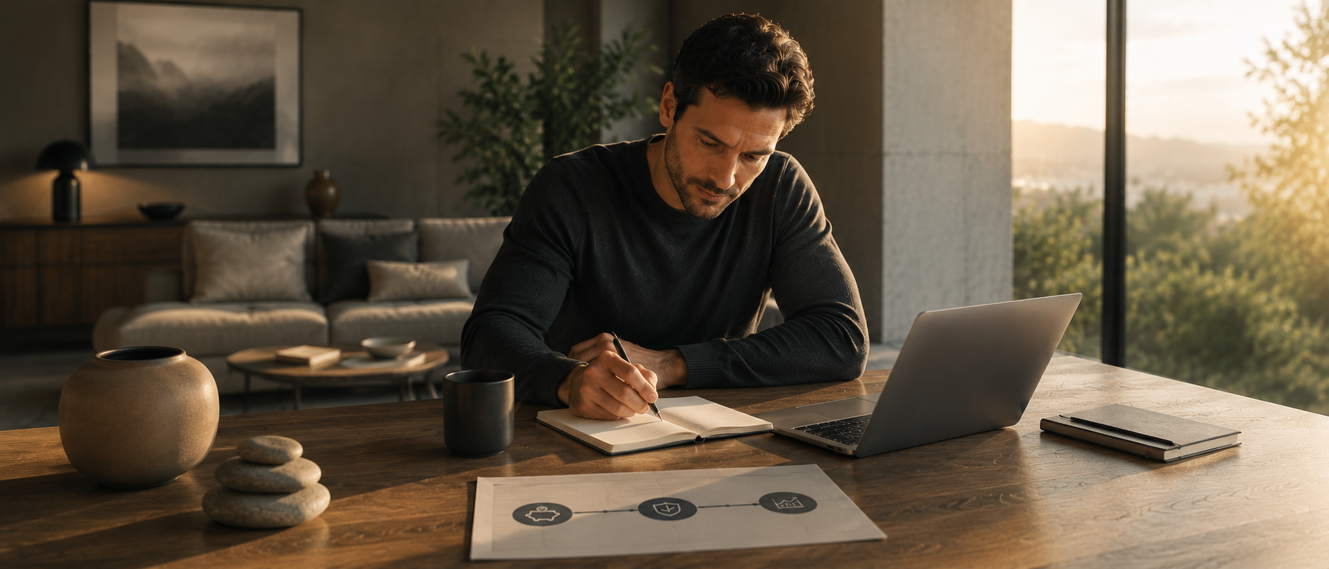 Mann plant konzentriert seine Finanzen in modernem Wohnraum mit Laptop, Notizbuch und warmem Abendlicht – ruhige atmosphärische Darstellung zum Thema Sparstrategien für den Notgroschen und finanzielle Sicherheit ohne Verzicht.