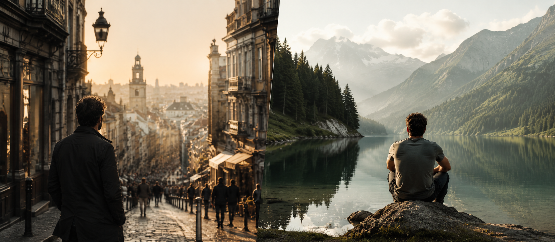 Zweiteilige Reiseszene im cineastischen Editorial-Stil: links ein Mann in warmer Abendstimmung auf einer ruhigen europäischen Altstadtstraße, rechts ein Mann allein an einem stillen Bergsee in weiter Naturkulisse, atmosphärischer Vergleich zwischen urbaner Städtereise und erdender Naturerholung.
