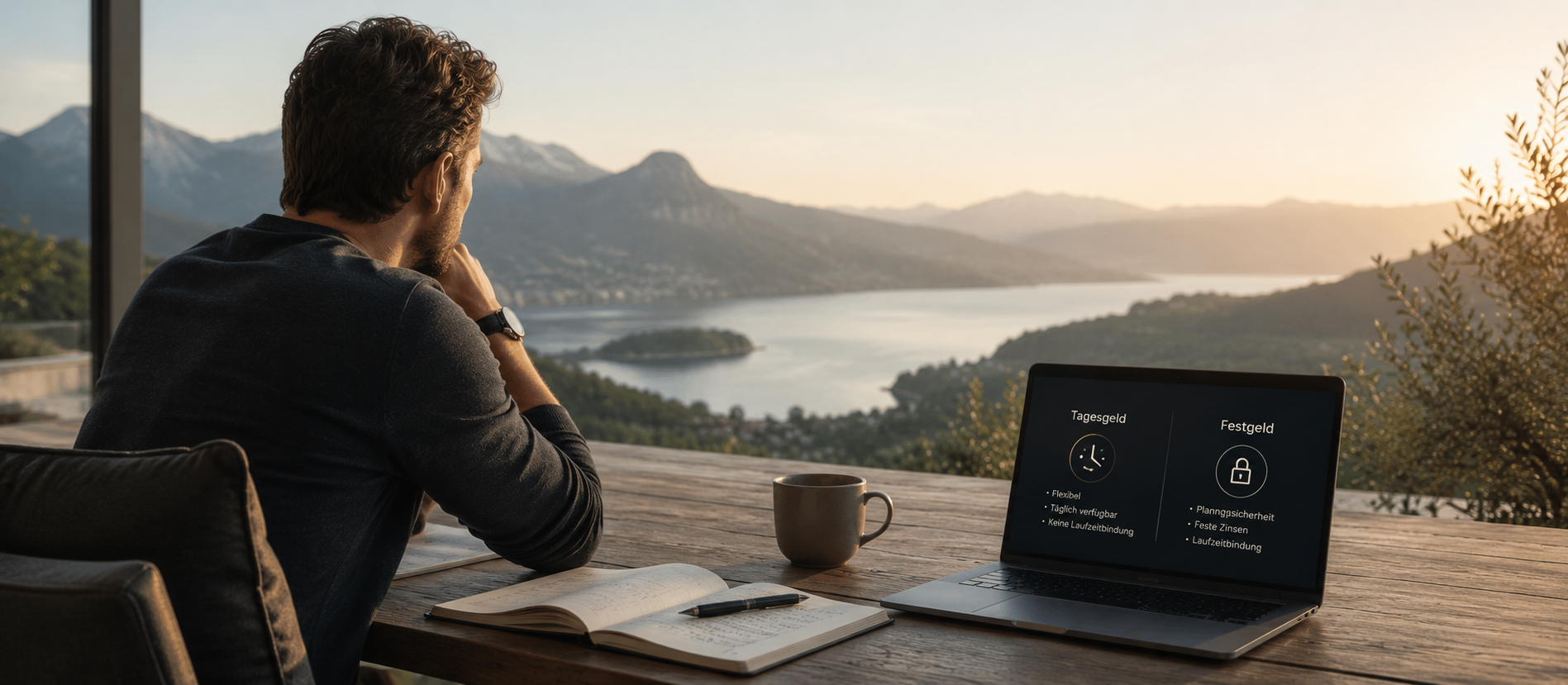 Ein Mann sitzt bei Sonnenuntergang auf einer ruhigen Terrasse mit Blick auf einen See und vergleicht auf seinem Laptop Tagesgeld und Festgeld – Symbol für finanzielle Entscheidungen zwischen Flexibilität und planbarer Sicherheit.
