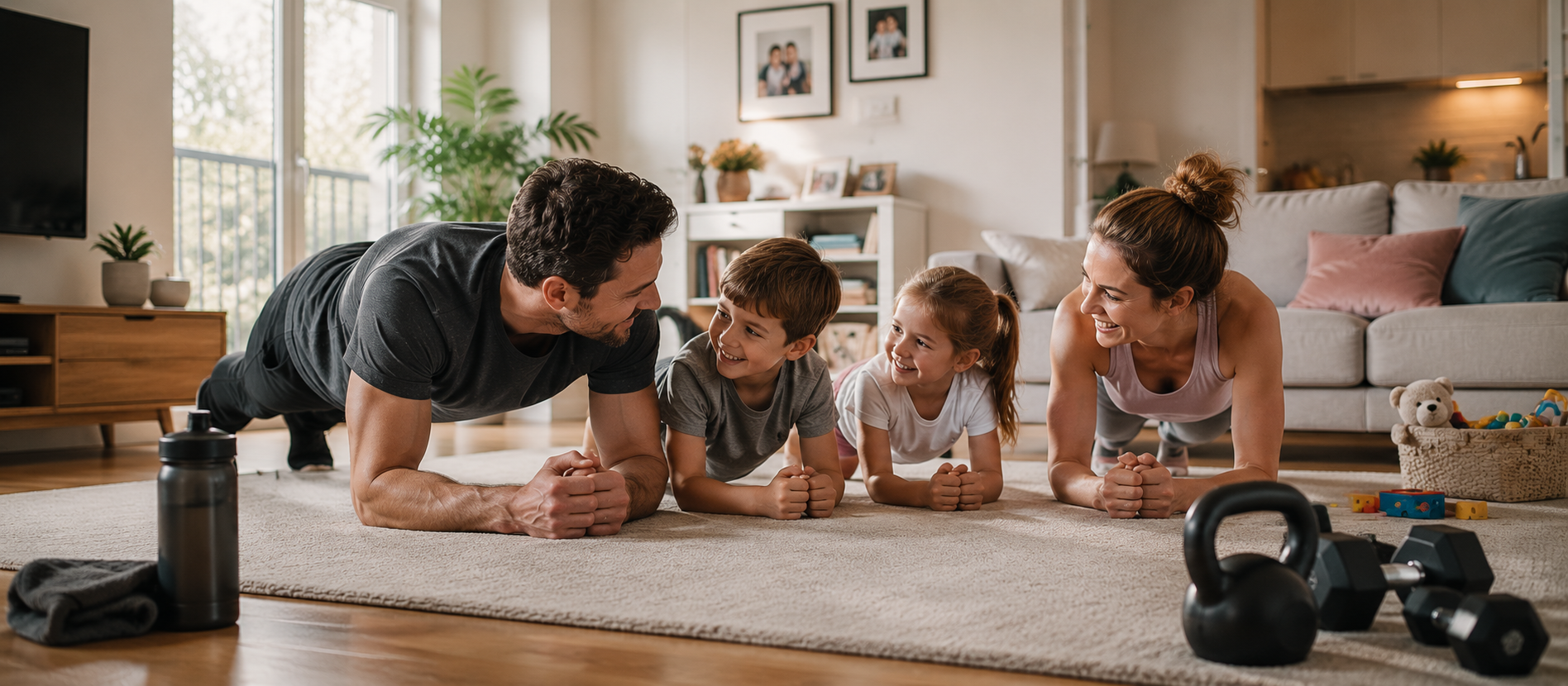 Familie trainiert gemeinsam in hellem modernen Wohnraum auf Teppichboden, Vater und Mutter machen mit ihren Kindern spielerische Übungen zwischen Hanteln und Alltagsgegenständen, warme natürliche Lichtstimmung vermittelt eine ruhige cineastische Editorial-Szene über Training zuhause, Familienalltag und gemeinsame Bewegung ohne Leistungsdruck.