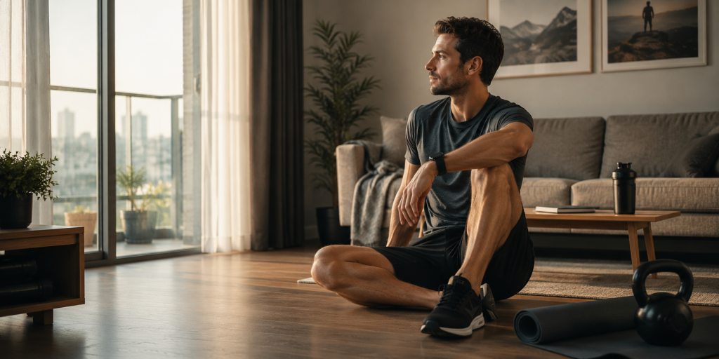 Sportlicher Mann über 25 sitzt nach dem Training entspannt auf dem Boden eines hellen modernen Wohnraums mit Yogamatte und Kettlebell, warme natürliche Lichtstimmung vermittelt eine ruhige cineastische Editorial-Szene über nachhaltigen Muskelaufbau, Fitness zuhause und einen realistischen Trainingsplan für Männer über 25 zuhause.