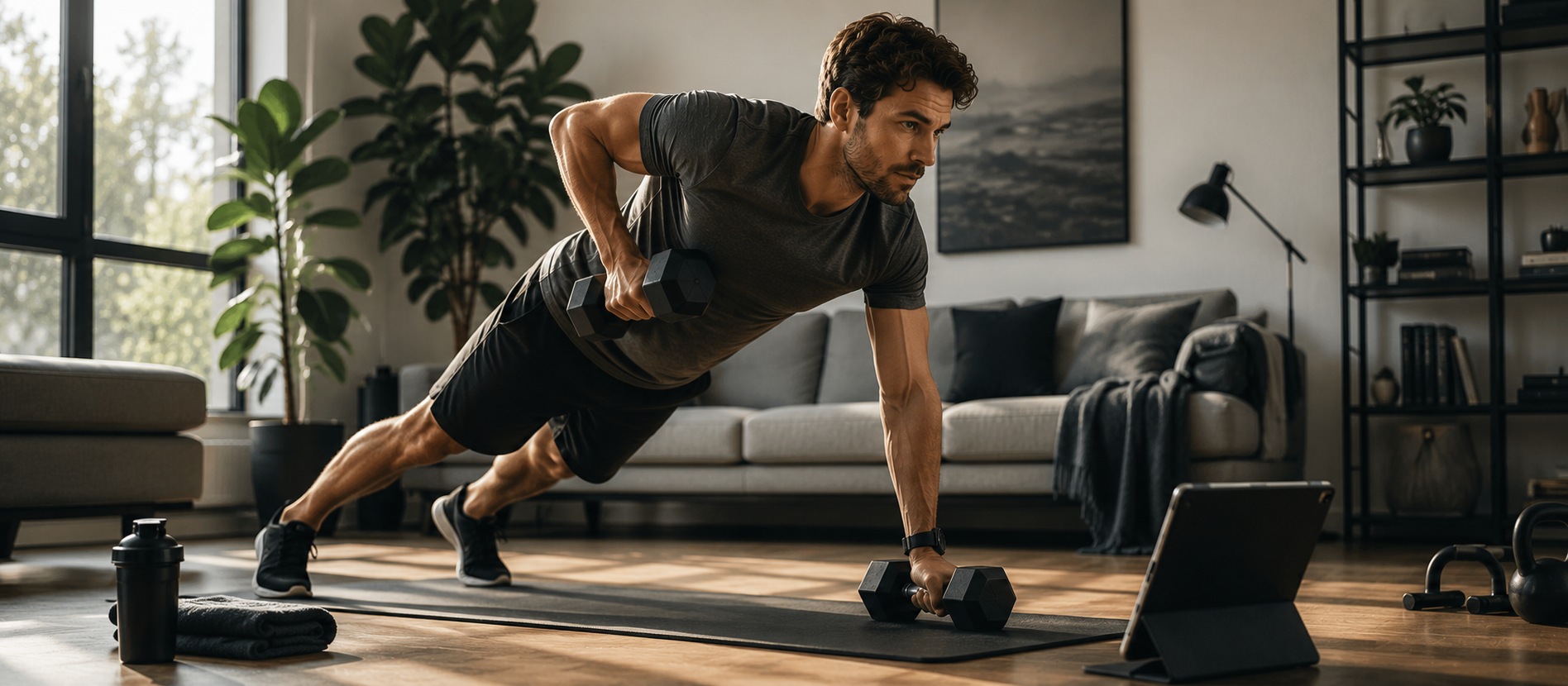 Sportlicher Mann trainiert konzentriert mit Kurzhanteln in hellem modernem Wohnraum, warme natürliche Lichtstimmung und minimalistische Homegym-Atmosphäre vermitteln eine hochwertige cineastische Editorial-Szene über Muskelaufbau, Fitness und nachhaltiges Training zuhause für Männer über 25.