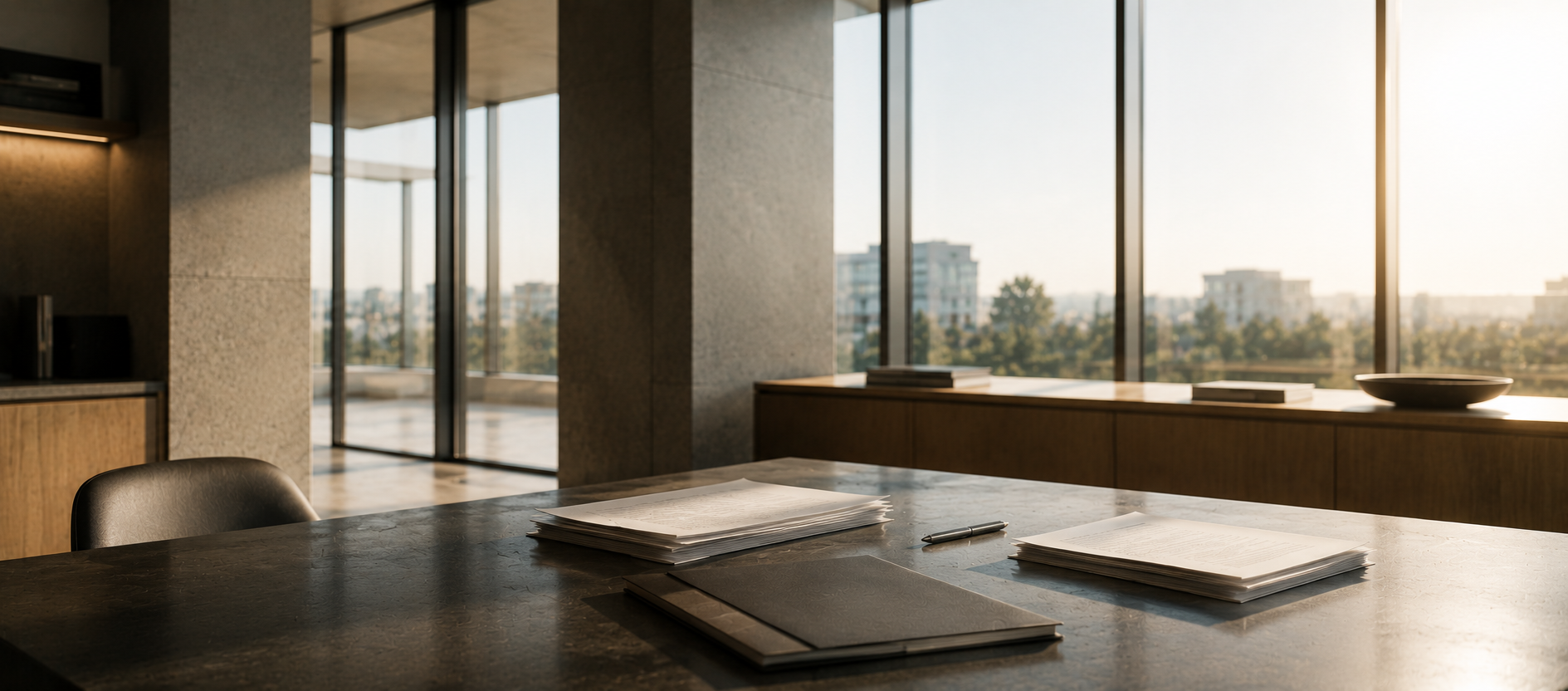 Minimalistischer moderner Businessraum mit großen Glasflächen, dunkler Steinoberfläche und geordneten Unterlagen bei warmem Sonnenlicht – ruhige cineastische Darstellung zum Thema Bonität verstehen und einordnen sowie finanzielle Klarheit und langfristige Übersicht.