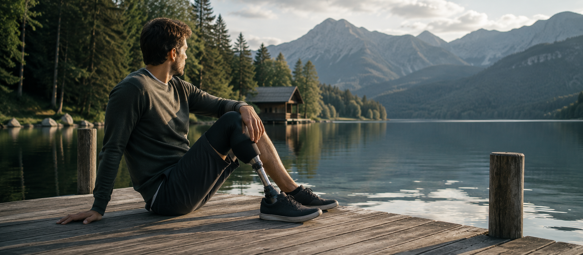 Ein Mann mit Beinprothese sitzt ruhig auf einem Holzsteg an einem Bergsee und blickt nachdenklich über das Wasser – atmosphärische Szene für langfristige Absicherung, Unfallfolgen und finanzielle Stabilität durch eine Unfallversicherung.