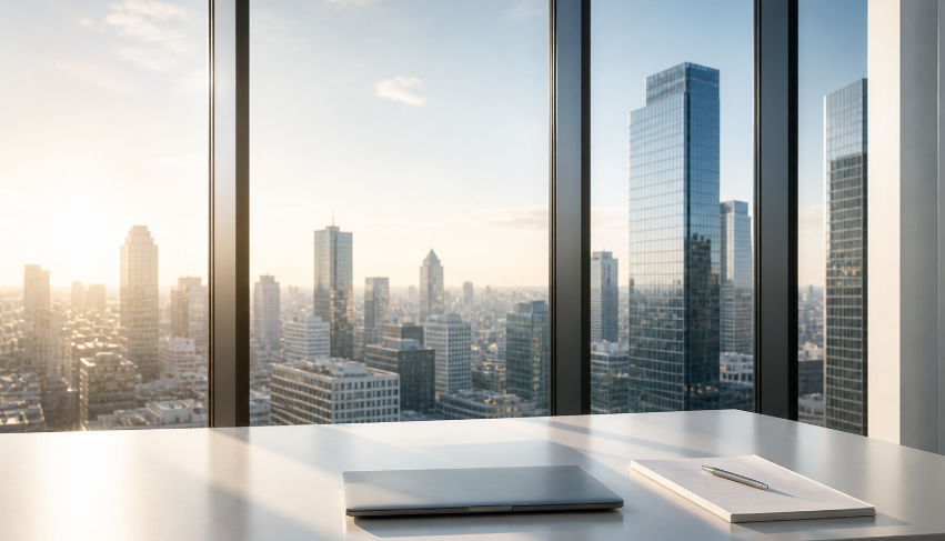 Vermögensaufbau – moderner Arbeitsplatz mit Laptop und klarer Struktur vor heller Stadtansicht als Symbol für Planung und langfristige finanzielle Entwicklung