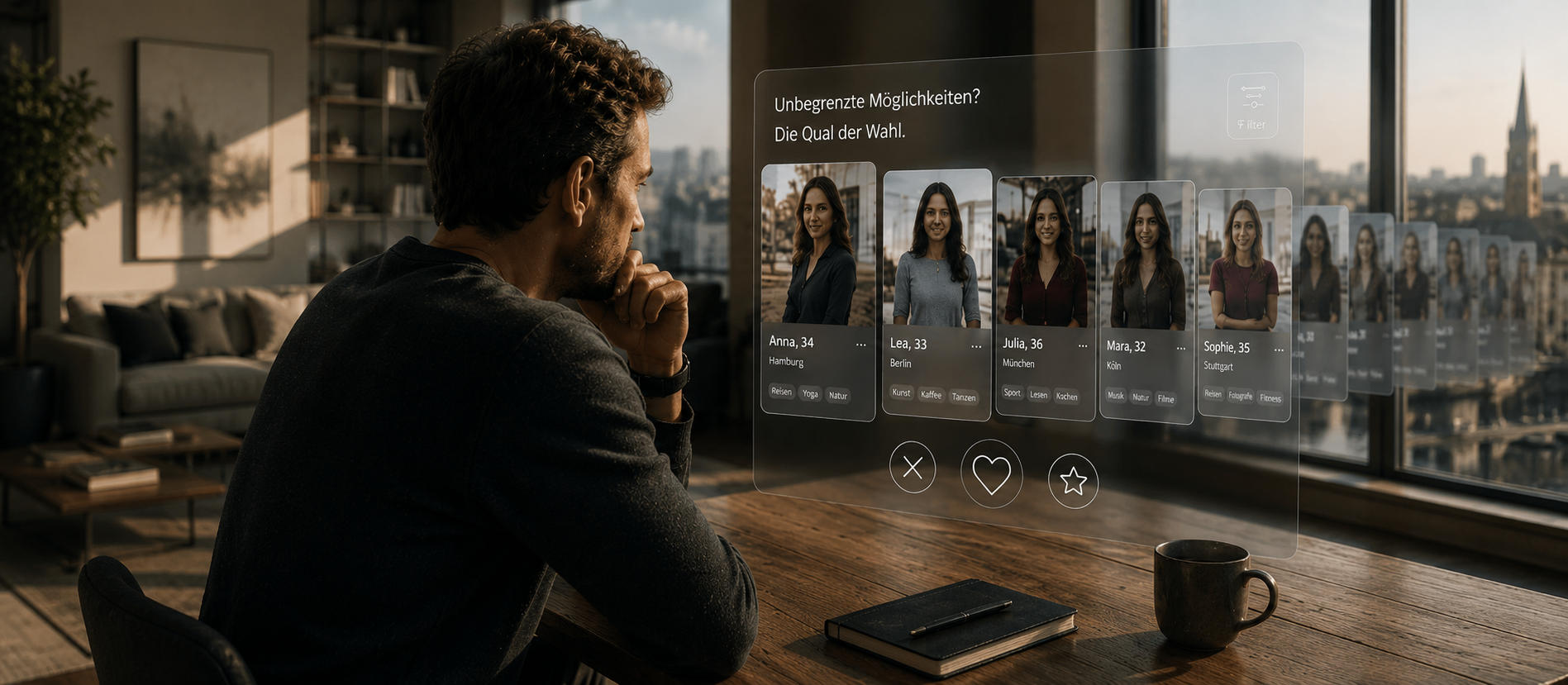Nachdenklicher Mann sitzt allein an großem Holztisch in modernem Apartment mit weitem Blick über die Stadt und betrachtet eine Vielzahl digitaler Dating-Profile auf transparenter Oberfläche, warme ruhige Lichtstimmung vermittelt eine cineastische Szene über Auswahl, Vergleichbarkeit und die Schwierigkeit, in einer Welt voller Optionen wirklich passende Entscheidungen zu treffen.