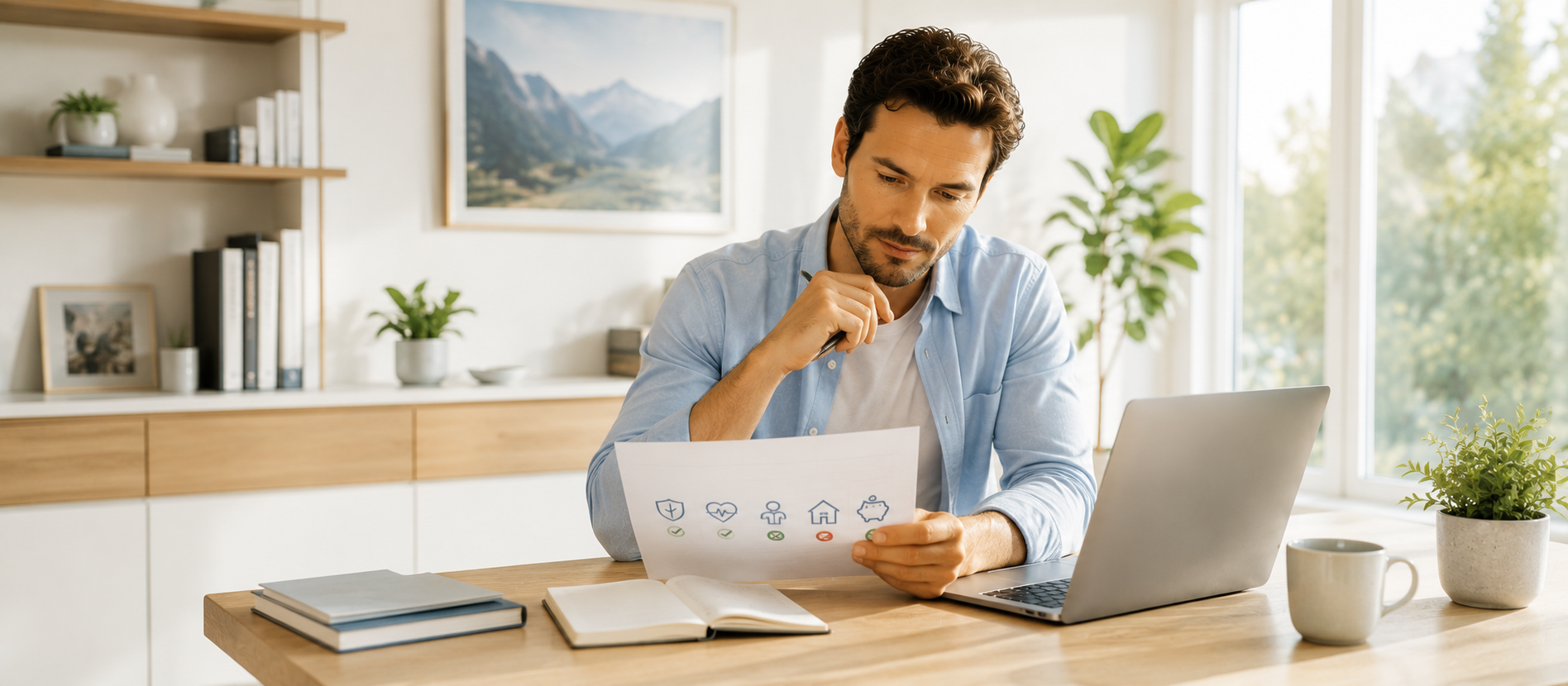 Mann prüft Versicherungsunterlagen in hellem modernem Wohnraum mit Laptop und natürlichem Tageslicht – freundliche und seriöse Darstellung zum Thema Versicherungen für Männer und sinnvolle finanzielle Absicherung.