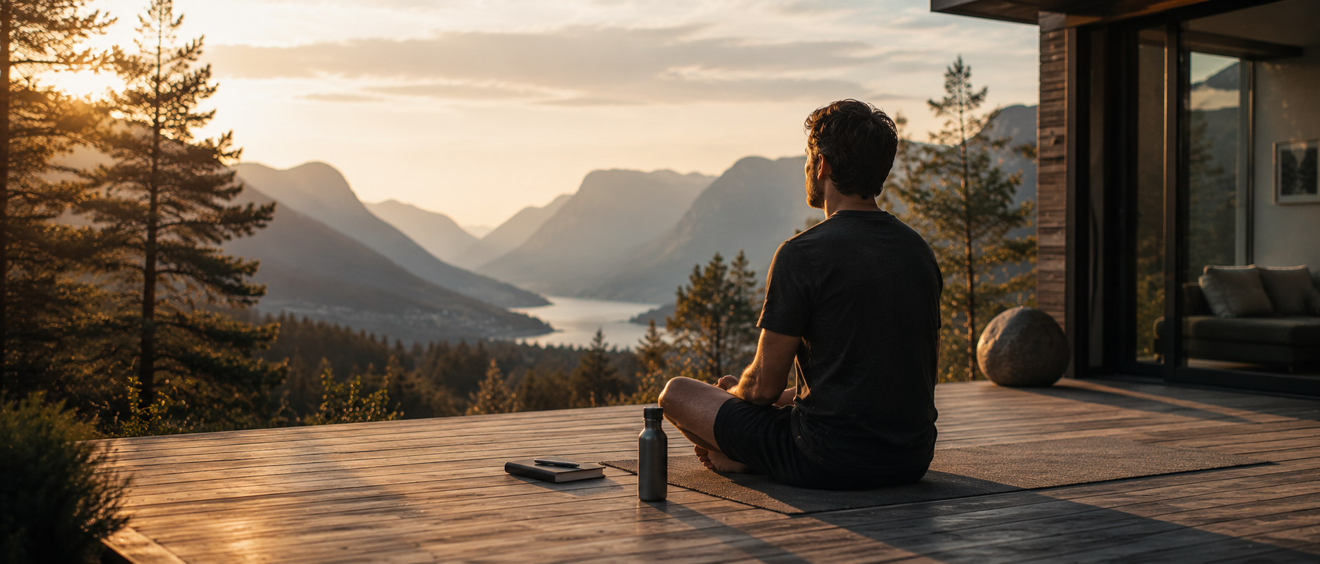 Mann sitzt allein in meditativer Haltung auf moderner Holzterrasse mit weitem Blick über ruhige Berglandschaft und See bei warmem Sonnenuntergang, minimalistische Szene über bewusste Distanz, innere Stabilität und persönliche Neuorientierung fern von Dating und äußerem Druck im hochwertigen Editorial-Stil.