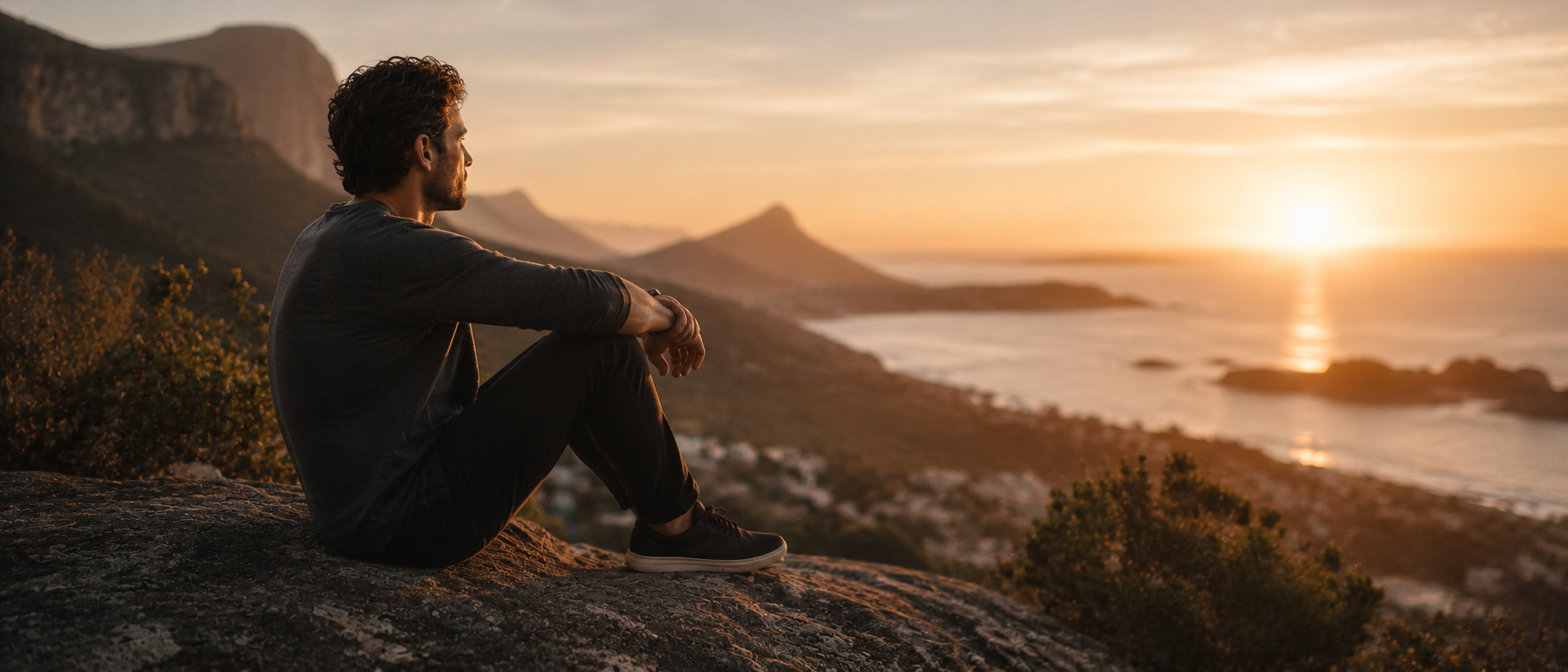 Allein sitzender Mann auf felsigem Aussichtspunkt mit weitem Blick über Küste und Meer bei warmem Sonnenuntergang, ruhige reflektierende Atmosphäre über Selbstwert und innere Stabilität, cineastische Landschaft mit viel Freiraum und emotionaler Tiefe im hochwertigen Editorial-Stil.