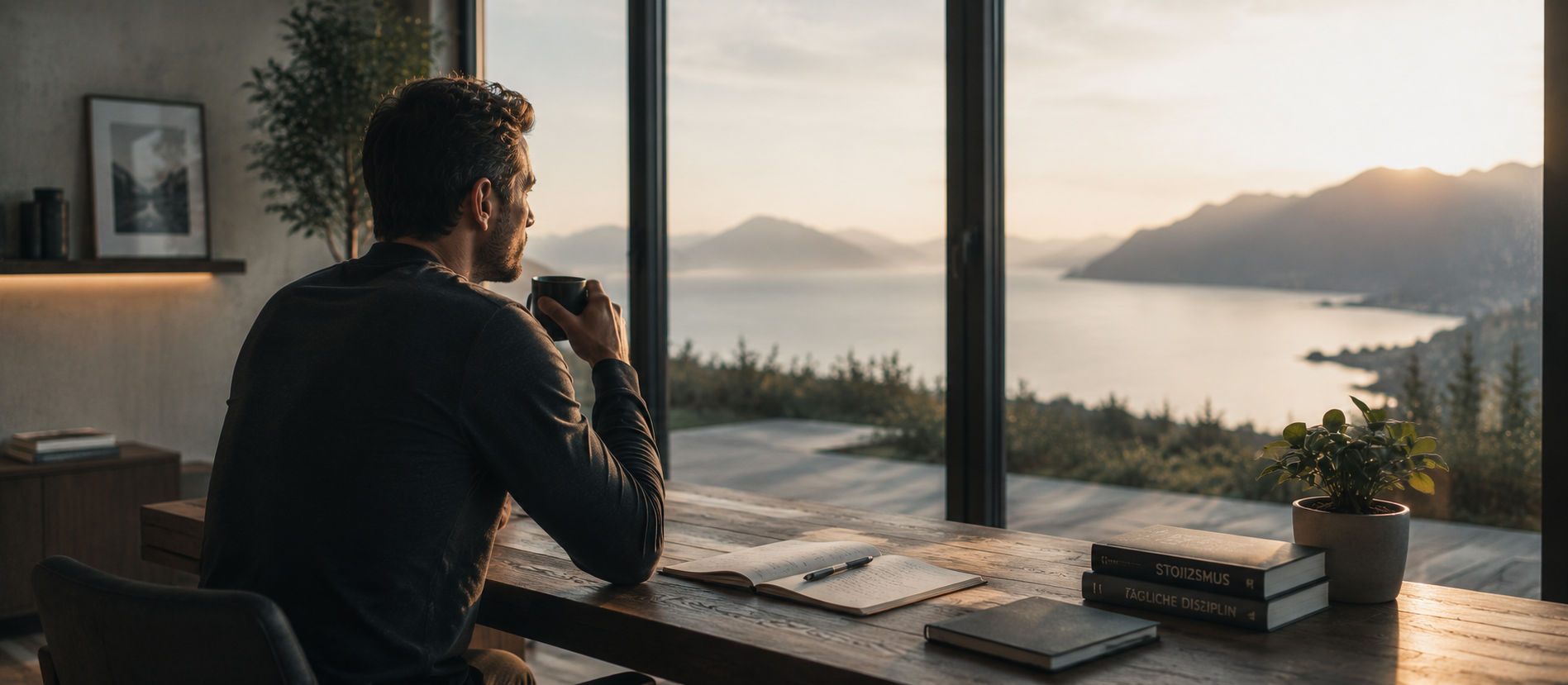 Mann sitzt ruhig an großem Holztisch vor Panoramafenster und blickt mit Tasse in der Hand auf stille Berg- und Seenlandschaft im warmen Morgenlicht, hochwertige cineastische Editorial-Szene über Disziplin, innere Ordnung, bewusste Routinen und die Freiheit durch strukturierte Lebensführung ohne Druck oder Härte.