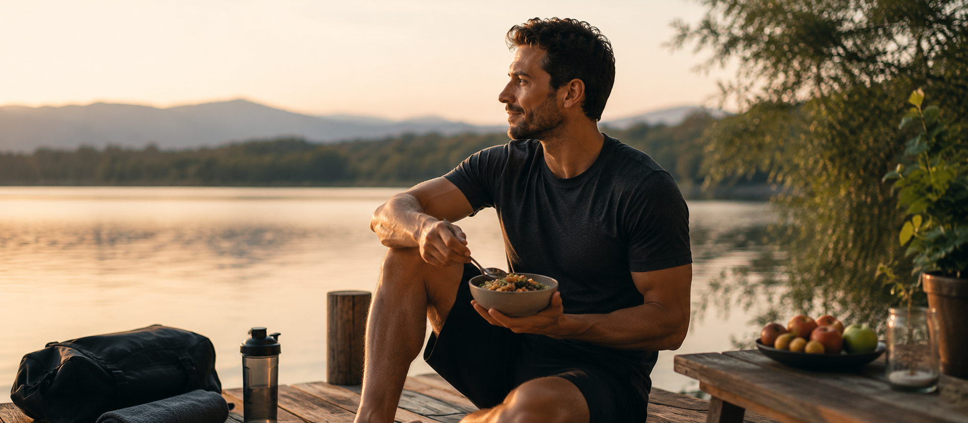 Sportlicher Mann sitzt entspannt an ruhigem Seeufer während der Abendsonne mit gesunder Mahlzeit und Trainingsausrüstung neben sich, warme natürliche Lichtstimmung vermittelt eine hochwertige cineastische Editorial-Szene über ausgewogene Fitness, Erholung und die Erkenntnis, dass Gesundheit und Bewegung kein Extrem sein müssen.