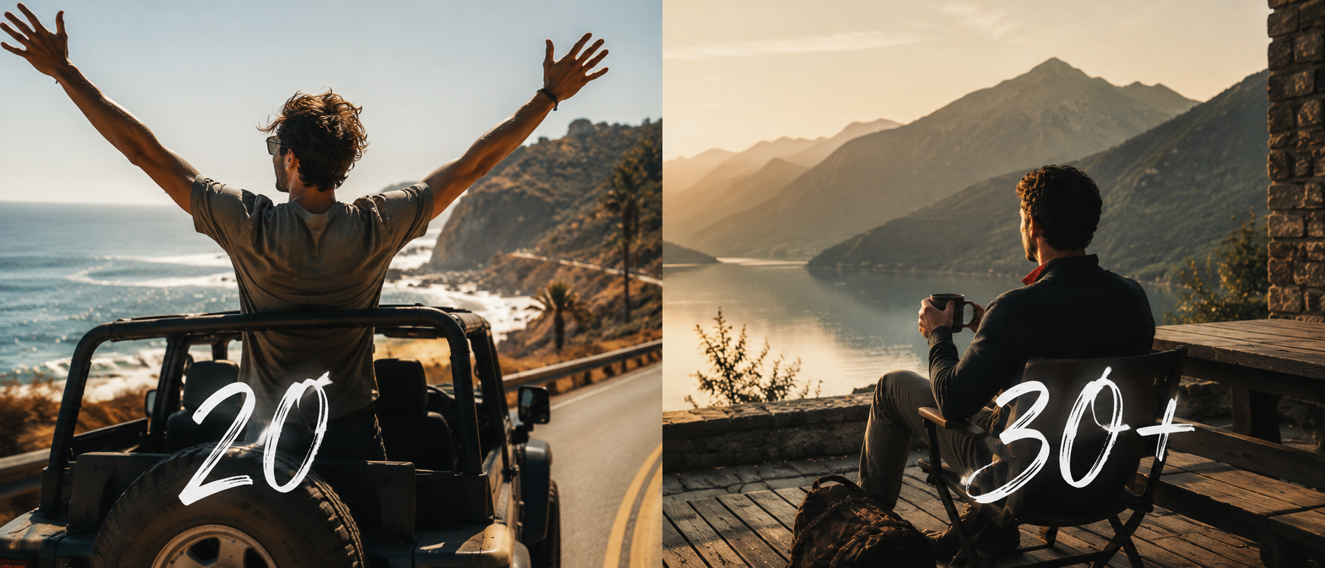 Zweiteilige cineastische Reiseszene im Editorial-Stil: links ein junger Mann voller Freiheit auf Küstenstraße im offenen Jeep, rechts ein ruhiger Mann über 30 mit Blick auf stillen Bergsee bei warmem Abendlicht, atmosphärischer Kontrast zwischen spontaner Abenteuerlust und reflektierter Erholung.