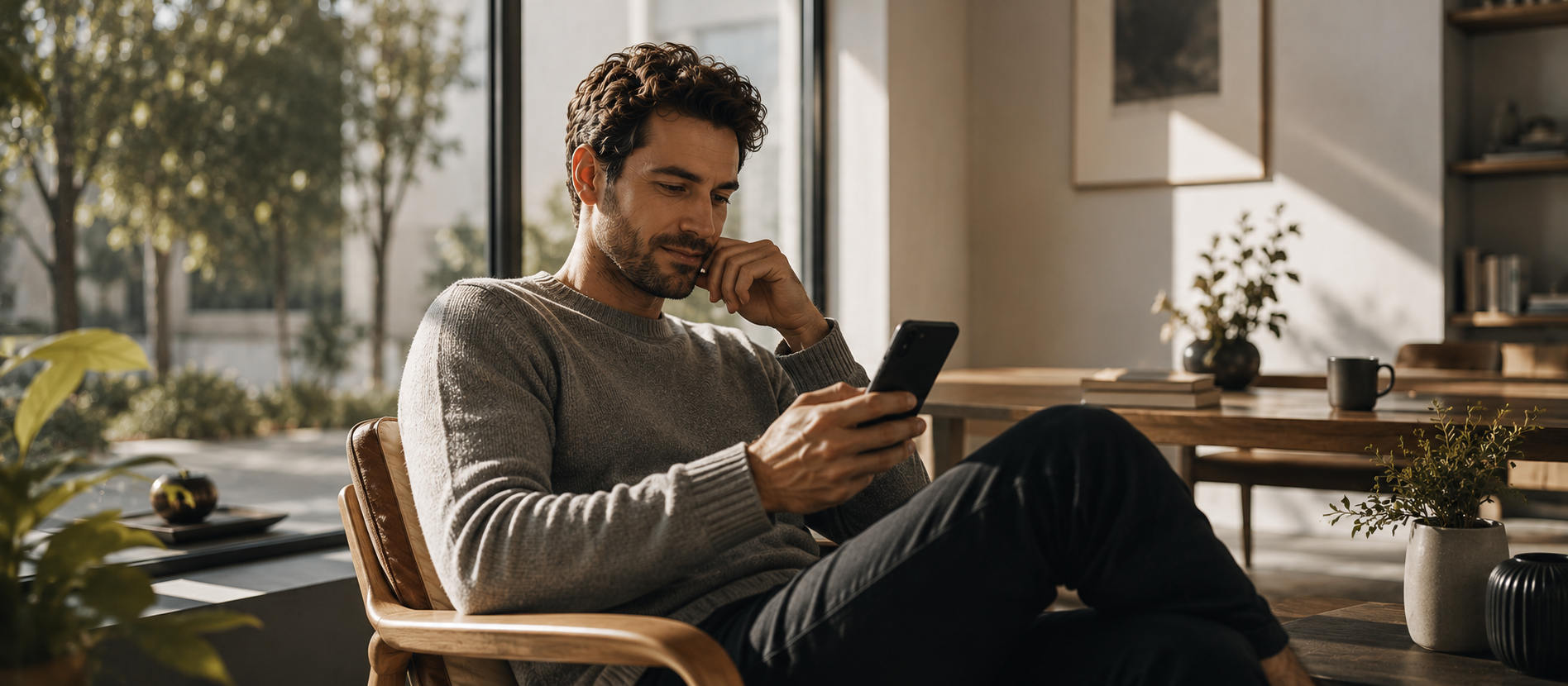 Mann sitzt entspannt in hellem modernem Wohnraum am Fenster und blickt ruhig auf sein Smartphone, warme natürliche Lichtstimmung und minimalistische Umgebung vermitteln eine cineastische Editorial-Szene über Online-Dating, ausbleibende Matches und die reflektierte Einordnung möglicher Ursachen ohne dramatische Inszenierung.
