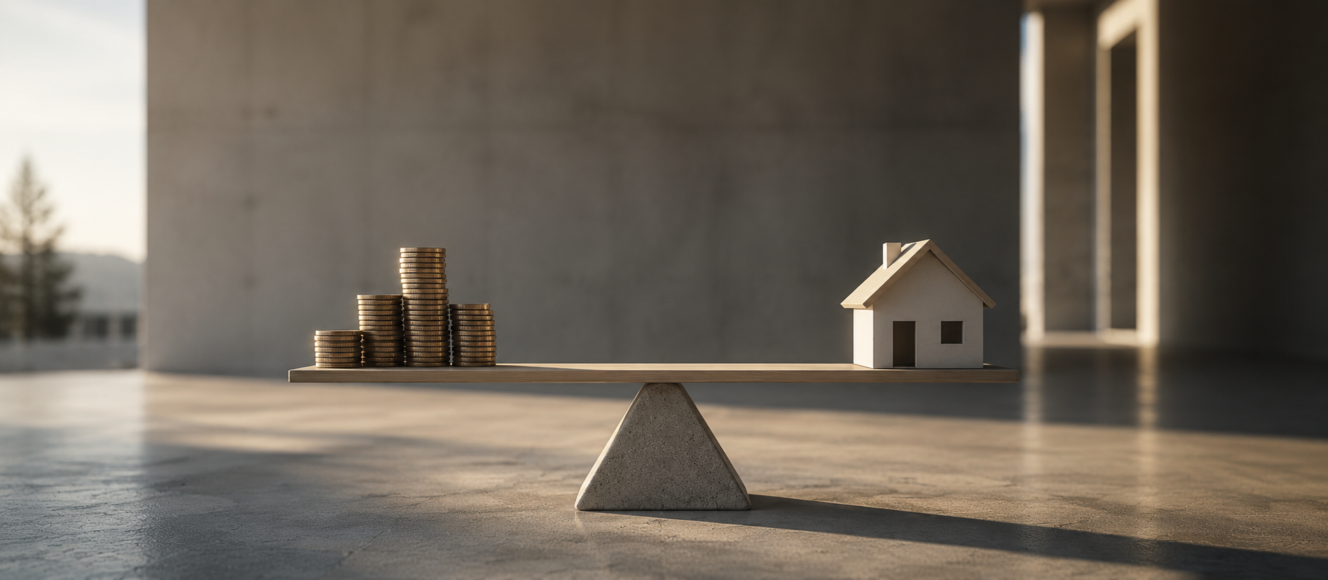 Eine minimalistische Balance aus Münzstapeln und einem kleinen Hausmodell in einem ruhigen modernen Raum – reduzierte Szene für Kredite, finanzielle Verpflichtungen und die langfristige Struktur von Finanzierung und Rückzahlung.