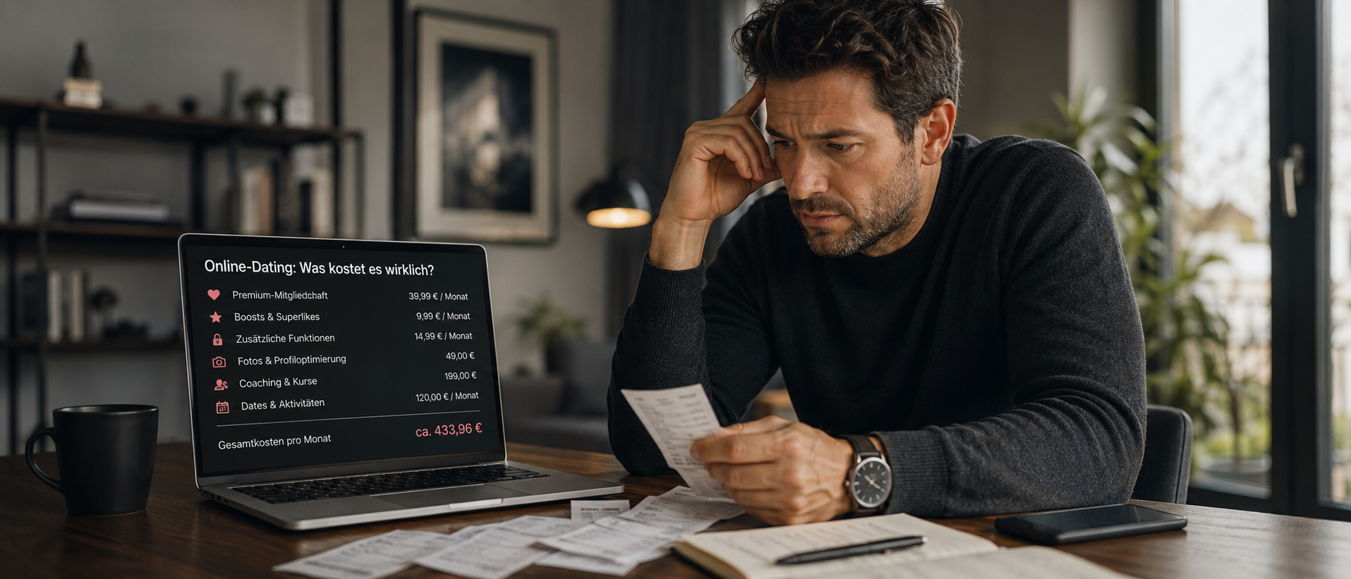 Nachdenklicher Mann sitzt allein an modernem Holztisch im Homeoffice und betrachtet Rechnungen neben Laptop mit Kostenübersicht für Online-Dating, warme natürliche Lichtstimmung und minimalistische Umgebung vermitteln eine ruhige cineastische Szene über reale Ausgaben, Erwartungen und reflektierten Umgang mit digitaler Partnersuche im hochwertigen Editorial-Stil.