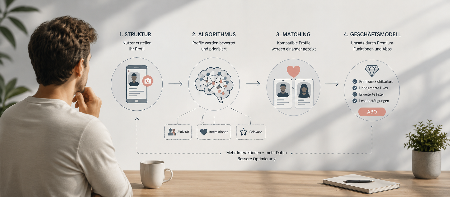 Nachdenklicher Mann sitzt an hellem Holztisch in modernem minimalistischen Raum und betrachtet eine grafische Übersicht zu Struktur, Algorithmus, Matching und Geschäftsmodell von Dating-Plattformen, warme natürliche Lichtstimmung mit klarer visueller Ordnung vermittelt eine ruhige cineastische Szene über digitale Partnersuche und die Funktionsweise moderner Online-Dating-Systeme.