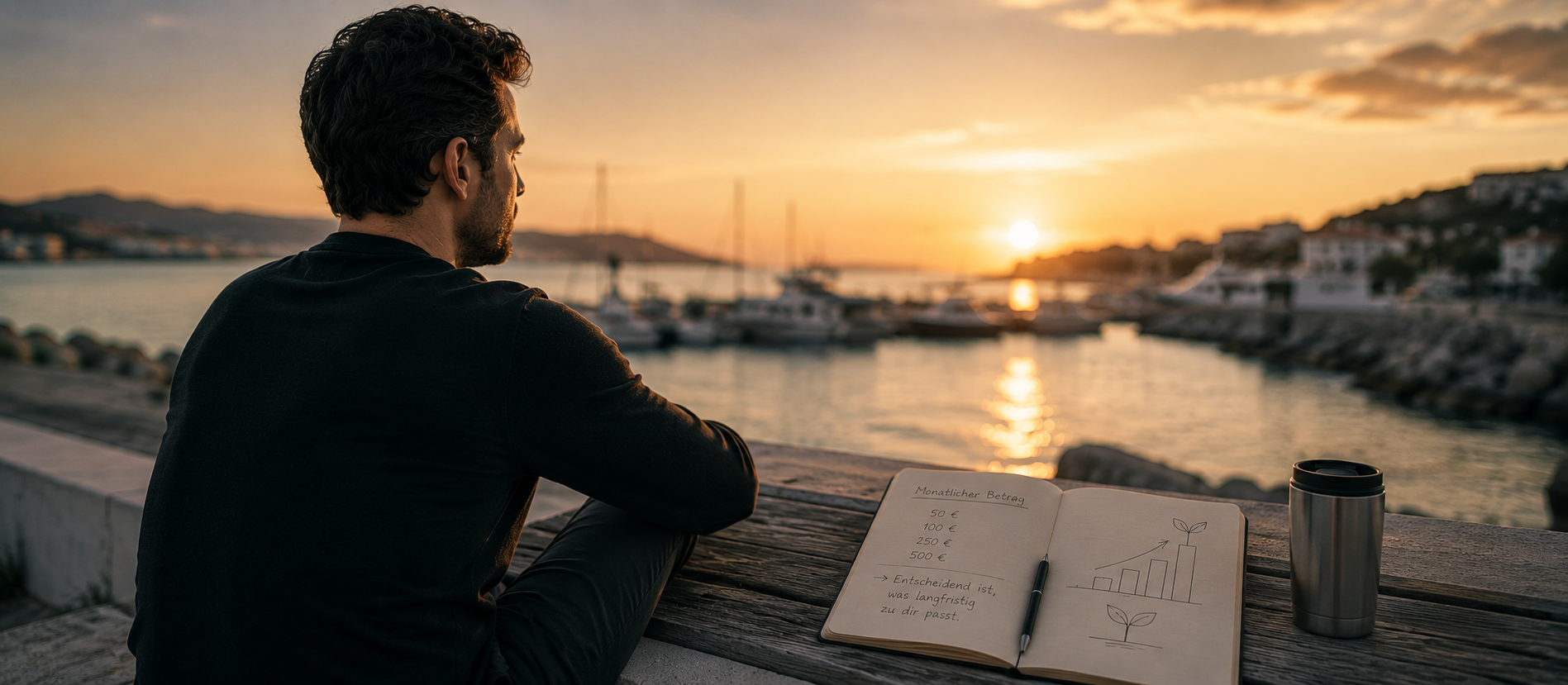 Ein Mann sitzt bei Sonnenuntergang an einem ruhigen Hafen und blickt nachdenklich auf das Wasser, während vor ihm ein geöffnetes Notizbuch mit langfristiger Finanzplanung liegt – atmosphärische Szene für monatliches Investieren und persönliche Balance zwischen Alltag und Vermögensaufbau.