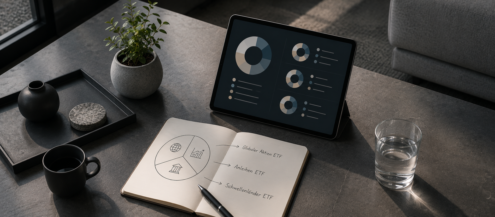 Ein Tablet mit grafischer Portfolioübersicht steht auf einem dunklen Steintisch neben einem geöffneten Notizbuch mit ETF-Aufteilung – reduzierte Editorial-Szene für die Frage, wie viele ETFs ein ausgewogenes Portfolio wirklich benötigt.