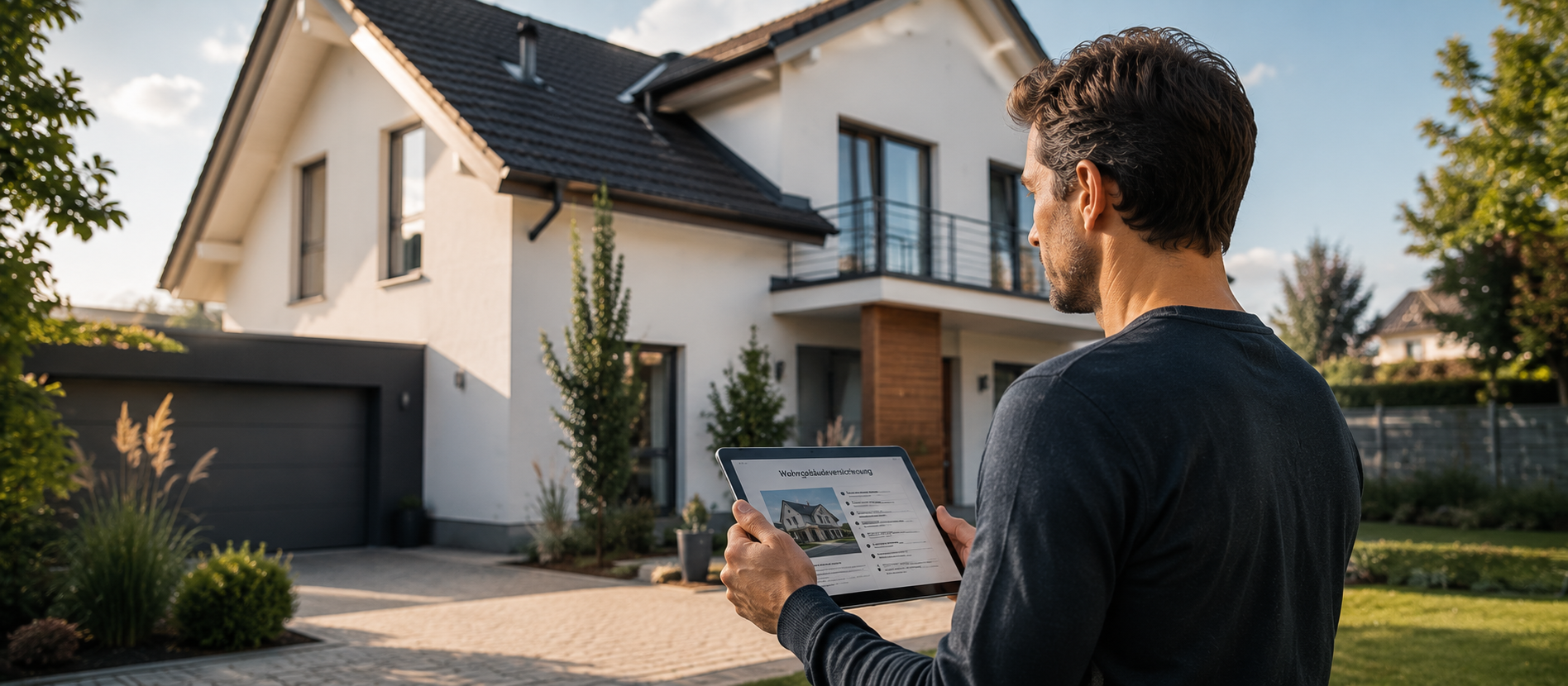 Ein Mann steht vor einem modernen Einfamilienhaus und prüft auf einem Tablet Unterlagen zur Wohngebäudeversicherung – ruhige Szene für den Schutz des Eigenheims, langfristige Absicherung und verantwortungsvolle Immobilienvorsorge.