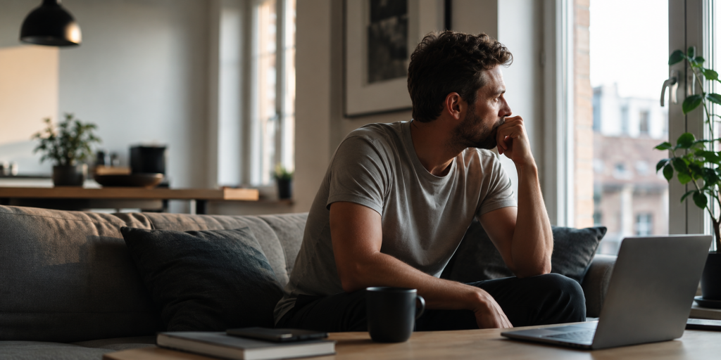 Ein Mann sitzt nachdenklich auf einem Sofa in seiner Wohnung und blickt aus dem Fenster. Die Szene veranschaulicht das Thema Work-Life-Balance für Männer und die Frage, warum mehr Freizeit nicht automatisch zu mehr Zufriedenheit führt.