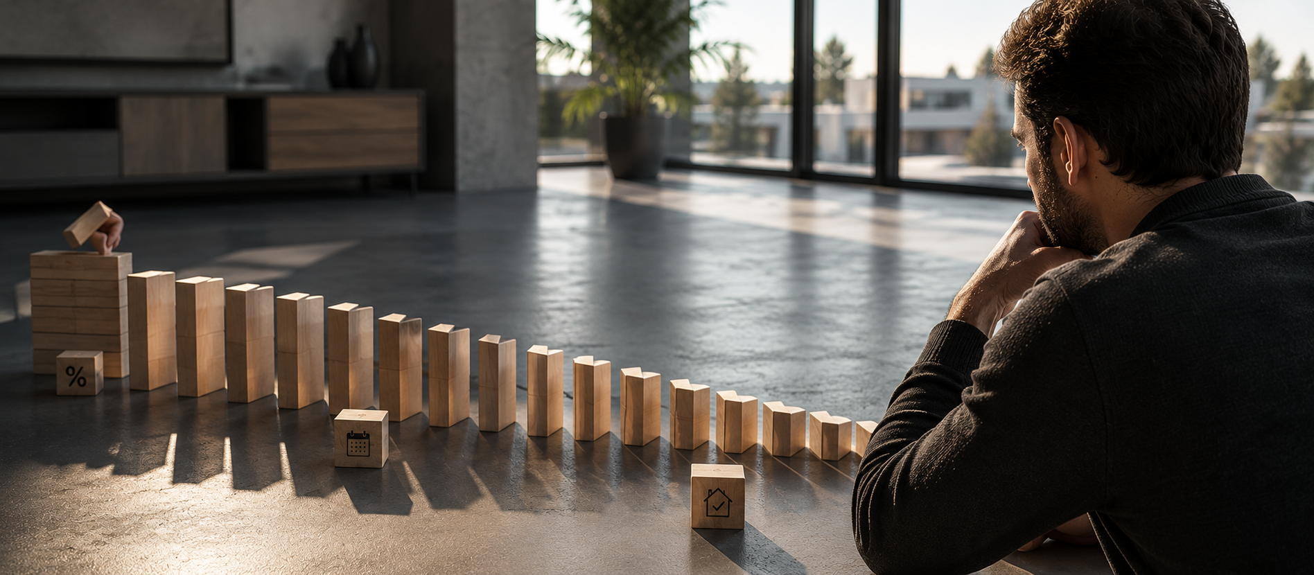 Ein Mann betrachtet in einem modernen, lichtdurchfluteten Raum eine Reihe abnehmender Holzblöcke auf dem Boden – reduzierte Szene für Zins, Laufzeit und Tilgung als strukturierte Bestandteile einer langfristigen Finanzierung.
