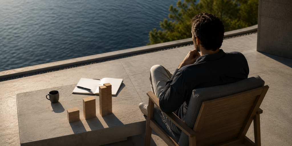 Ein Mann sitzt auf einer modernen Terrasse mit Blick auf das Wasser und betrachtet ruhig abstrahierte Holzstapel auf einem Tisch – reduzierte Szene für Zins, Laufzeit und Tilgung als zentrale Faktoren langfristiger Finanzierungsentscheidungen.