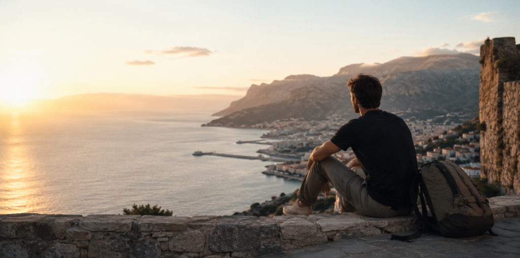 Mann sitzt allein mit Rucksack über mediterraner Küstenstadt bei Sonnenuntergang – ruhige atmosphärische Darstellung zum Thema alleine reisen als Mann und bewusste Auszeiten.