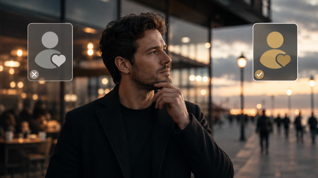 Nachdenklicher Mann an einer urbanen Promenade bei Sonnenuntergang – atmosphärisches Bild zu kostenlose Dating-Apps vs Premium-Modelle und der Frage, welche Art von Dating-Erlebnis langfristig besser zu den eigenen Erwartungen passt.