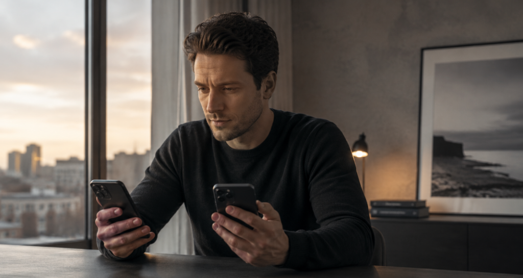 Mann vergleicht in ruhiger Abendatmosphäre zwei Smartphones in einem modernen Apartment – symbolisches Bild für kostenlose Dating-Apps vs Premium-Modelle und die realistischen Unterschiede bei Funktionen, Nutzererlebnis und Erwartungen.