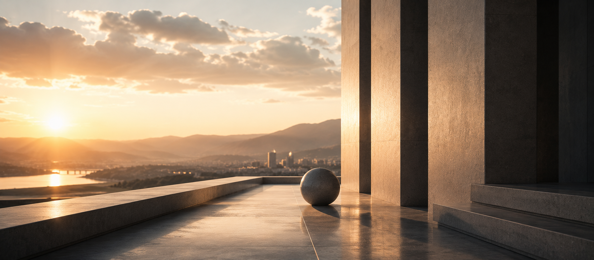 Minimalistische architektonische Szene mit warmem Sonnenlicht, moderner Steinarchitektur und weiter Aussicht als hochwertiges Beitragsbild zum Thema Finanzen, Vermögensaufbau und langfristige finanzielle Planung.