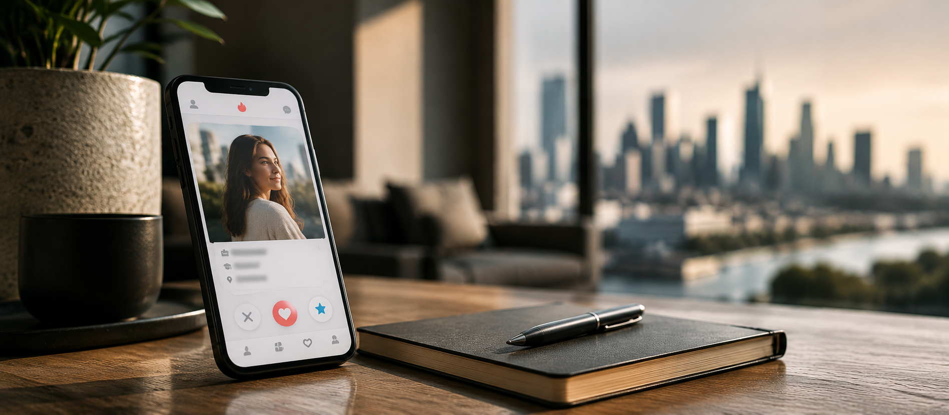 Hochwertige minimalistische Darstellung von Online-Dating und moderner Partnersuche mit Dating-App, digitaler Kommunikation und ruhiger urbaner Atmosphäre.