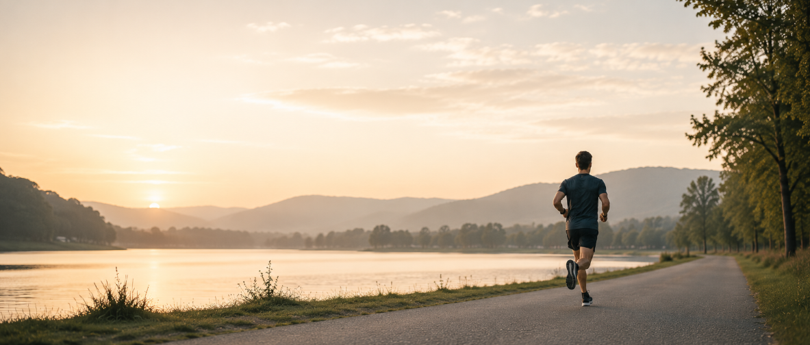 Minimalistische Darstellung von Lauftraining für Männer mit ruhigem Ausdauerlauf, langfristiger Fitness und strukturiertem Training im natürlichen Umfeld bei Sonnenaufgang.