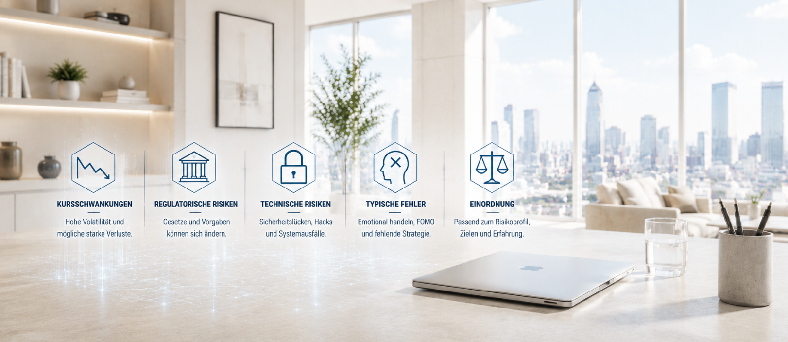 Minimalistische Darstellung von Risiken & Einordnung digitaler Vermögenswerte mit Kursschwankungen, regulatorischen Risiken, technischer Sicherheit und strukturierter Bewertung von Kryptowährungen im modernen professionellen Umfeld.