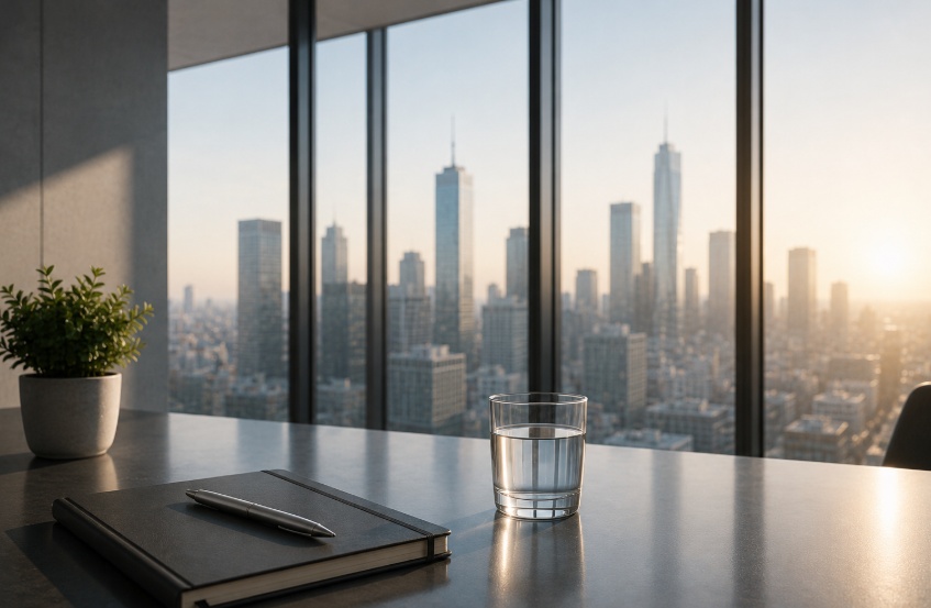 Broker auswählen – ruhiger moderner Arbeitsplatz mit Glasfront, Notizbuch und heller Skyline als Symbol für langfristige Investmententscheidungen