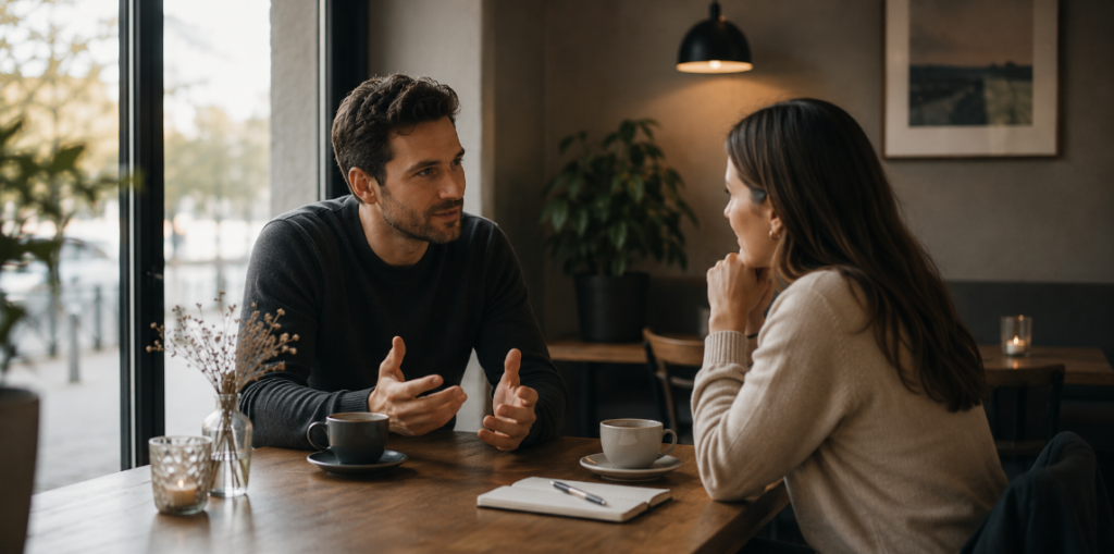 Minimalistische Darstellung von Kommunikation und Begegnung beim Dating mit ehrlichem Austausch, respektvollen Gesprächen und moderner zwischenmenschlicher Verbindung im ruhigen Café-Umfeld.