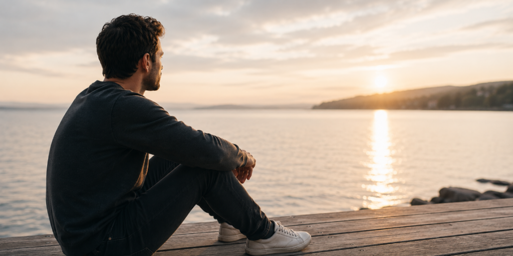 Minimalistische Darstellung von Selbstwert und Abgrenzung beim Dating mit ruhiger Reflexion, emotionaler Stabilität und realistischer Einordnung von Ablehnung im natürlichen Umfeld.