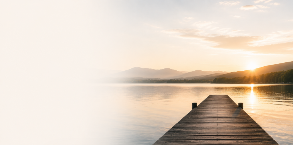 Minimalistische Darstellung bewusster Datingpausen und persönlicher Prioritäten mit ruhiger Reflexion, emotionaler Klarheit und natürlicher Landschaft am Seeufer.