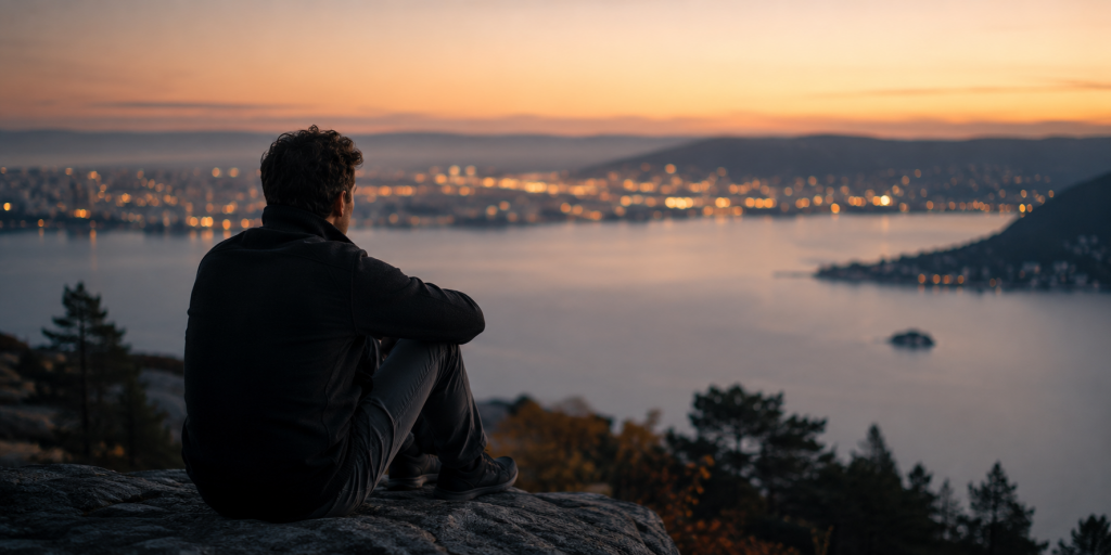 Nachdenklicher Mann mit Blick über eine ruhige Stadtlandschaft bei Sonnenuntergang – stille Reflexion über echte Nähe und moderne Partnersuche.