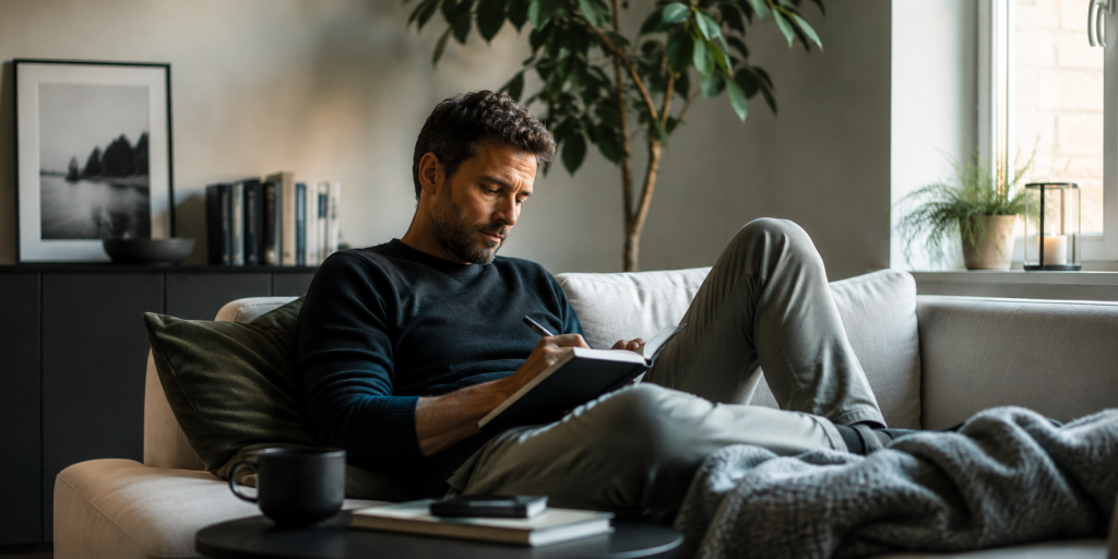 Mann schreibt nachdenklich in ein Notizbuch auf einem Sofa – ruhige Szene über Selbstreflexion, echte Verbindung und modernes Dating.