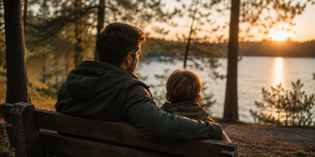 Vater und Kind sitzen gemeinsam auf einer Bank am See bei Sonnenuntergang – ruhige Szene über Nähe, Verantwortung und echte Verbindung im modernen Dating.