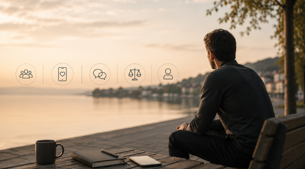 Minimalistische Darstellung moderner Dating-Dynamiken mit reflektierter Orientierung, Partnersuche und realistischen Erwartungen im ruhigen natürlichen Umfeld.