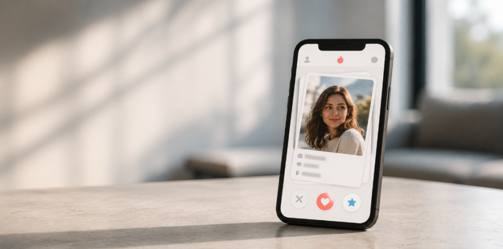 Minimalistische Darstellung von Online-Dating und moderner Partnersuche mit Dating-App, digitaler Kommunikation und ruhiger Einordnung moderner Plattformdynamiken.