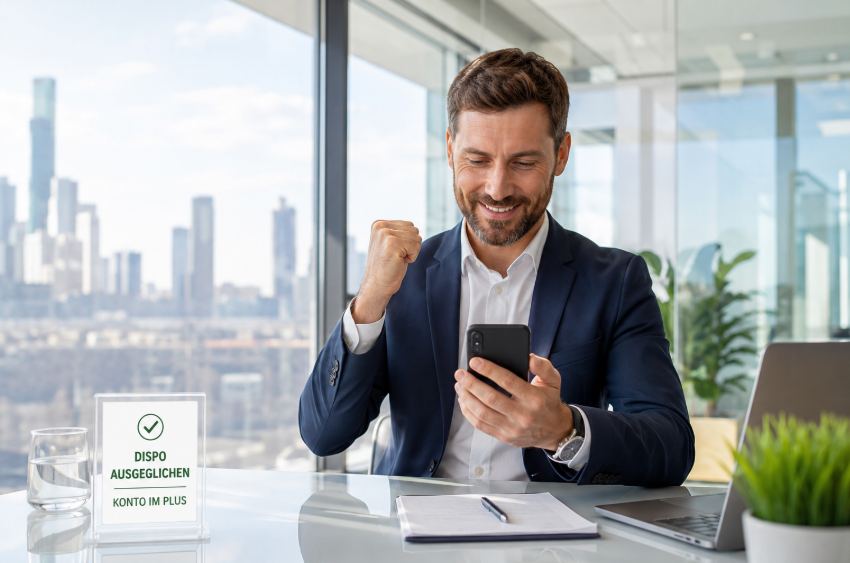 Dispo vermeiden – freundlicher Mann im hellen Büro blickt erleichtert auf sein Smartphone nach erfolgreichem Ausgleich des Dispokredits und strukturierter Finanzplanung