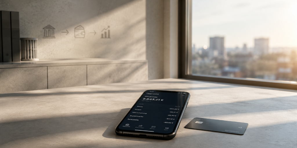 Minimalistische Darstellung eines Smartphones mit Banking-App und Girokarte auf hellem Schreibtisch in moderner, ruhiger Atmosphäre als Symbol für finanzielle Ordnung und strukturierte Geldplanung.
