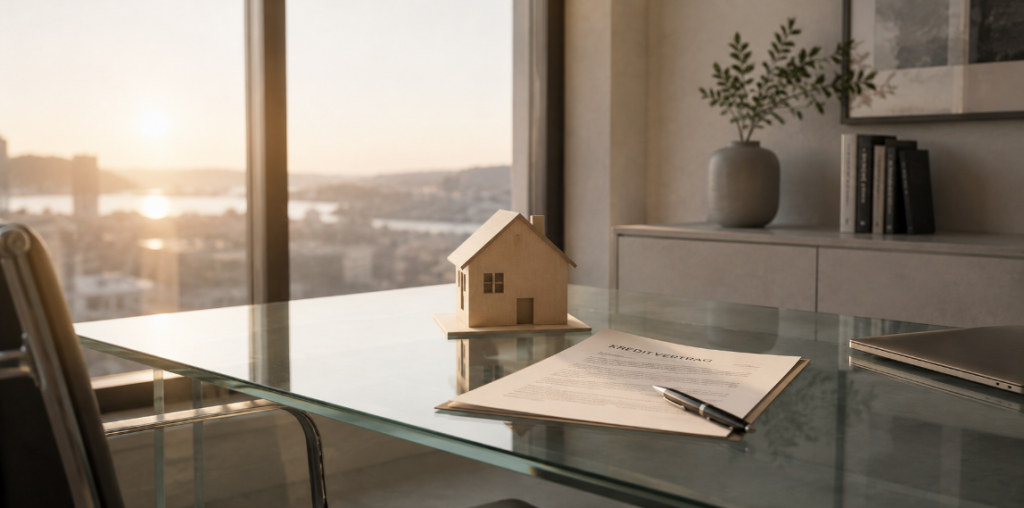 Minimalistische Darstellung eines Holzhausmodells und eines Finanzdokuments auf Glas-Schreibtisch in hellem Homeoffice mit ruhiger Atmosphäre als Symbol für Vermögensaufbau, Finanzierung und langfristige Finanzplanung.