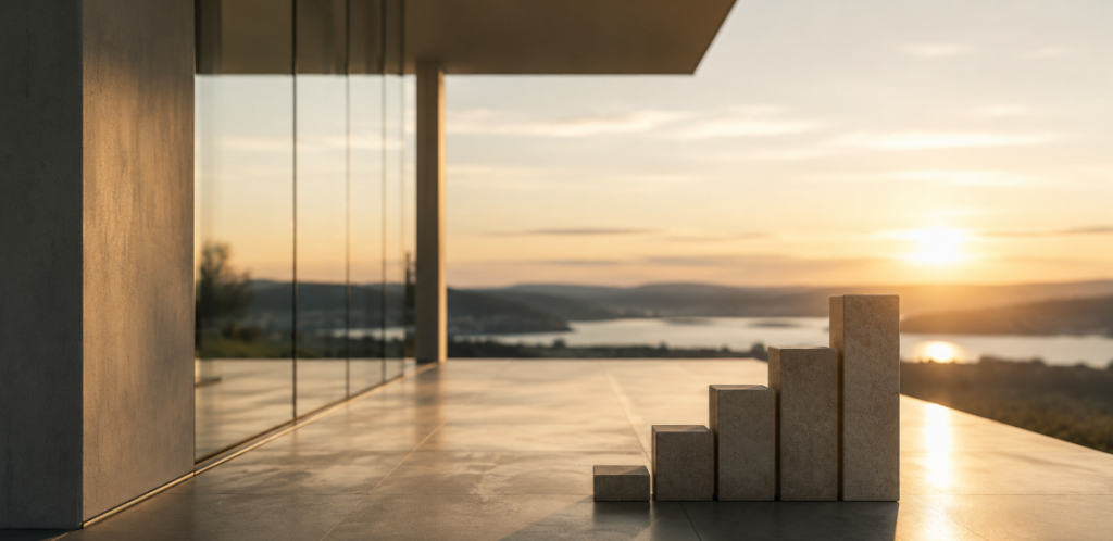 Minimalistische architektonische Szene mit gestuften Steinformen und moderner Glasfassade im warmen Abendlicht als Symbol für strukturierten Vermögensaufbau, langfristiges Investieren und finanzielle Entwicklung.