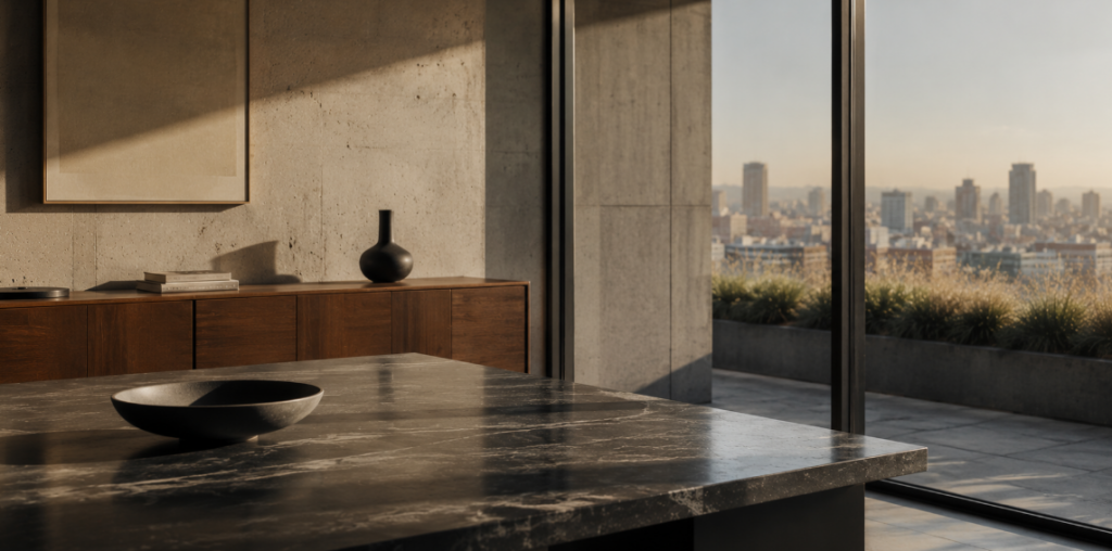 Minimalistischer moderner Innenraum mit Steinoberflächen, warmem Tageslicht und Blick über die Stadt – ruhige visuelle Darstellung zum Thema finanzielle Prioritäten und strukturierte Geldentscheidungen.