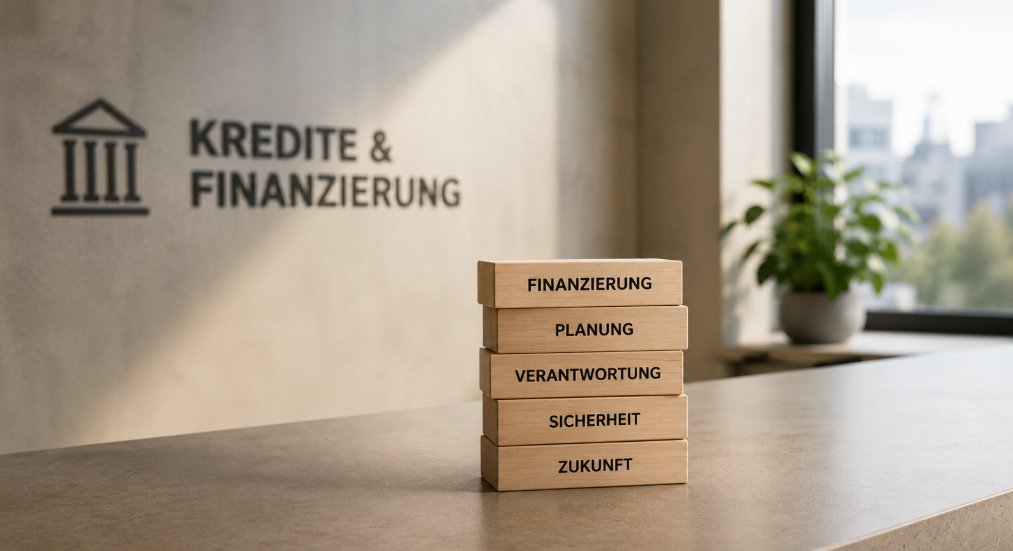 Minimalistische Darstellung gestapelter Holzblöcke mit Begriffen zu Finanzierung und Planung in modernem Innenraum mit ruhiger Atmosphäre als Symbol für Kredite, Verantwortung und langfristige finanzielle Entscheidungen.