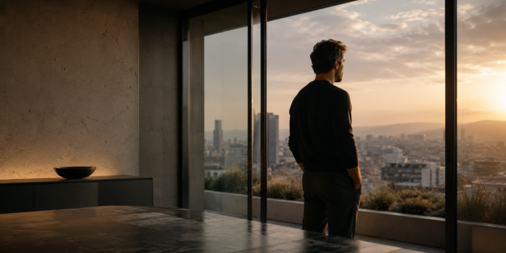 Mann blickt in modernem minimalistischen Apartment bei Sonnenuntergang über die Stadt – ruhige visuelle Darstellung zum Thema finanzielle Prioritäten und bewusste Geldentscheidungen.